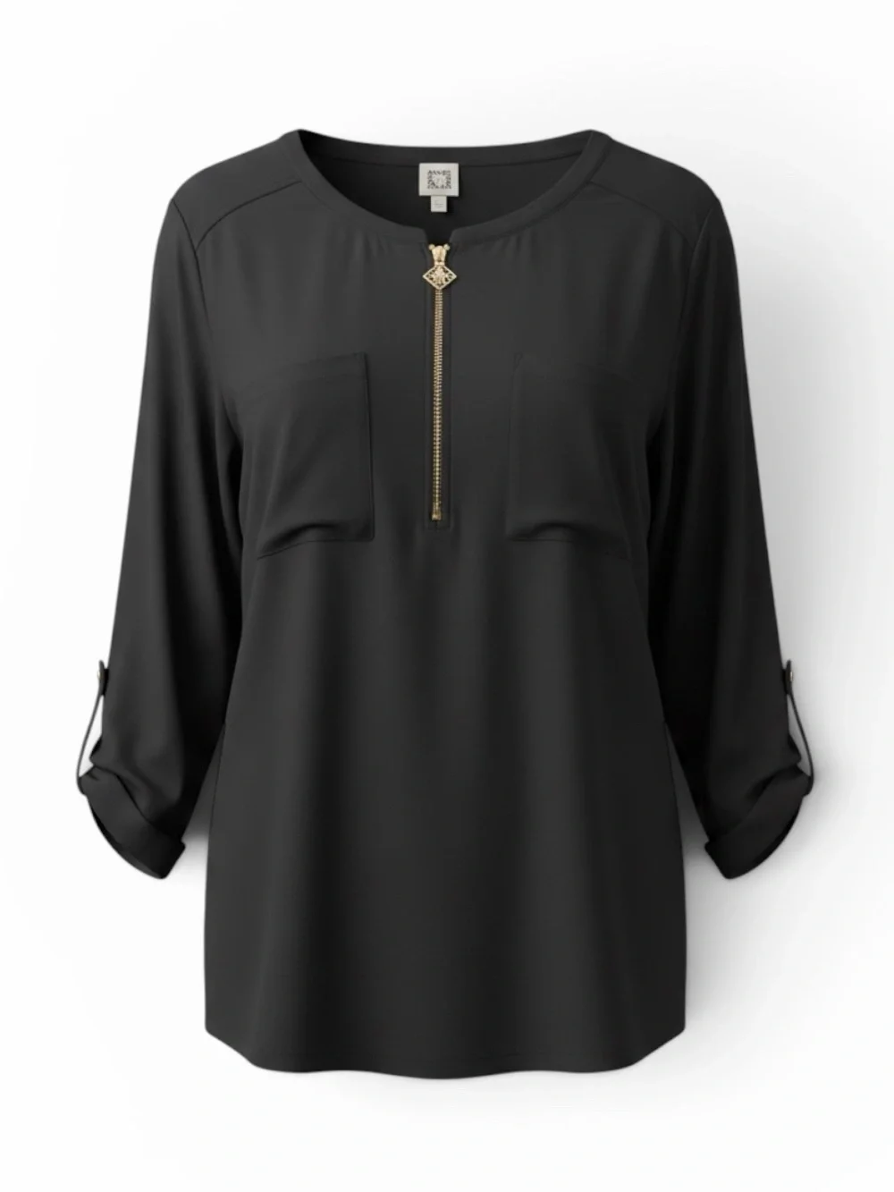 NWOT Anne Klein Half Zip Black Blouse with 2 Chest Pockets & Gold-Tone Insignia